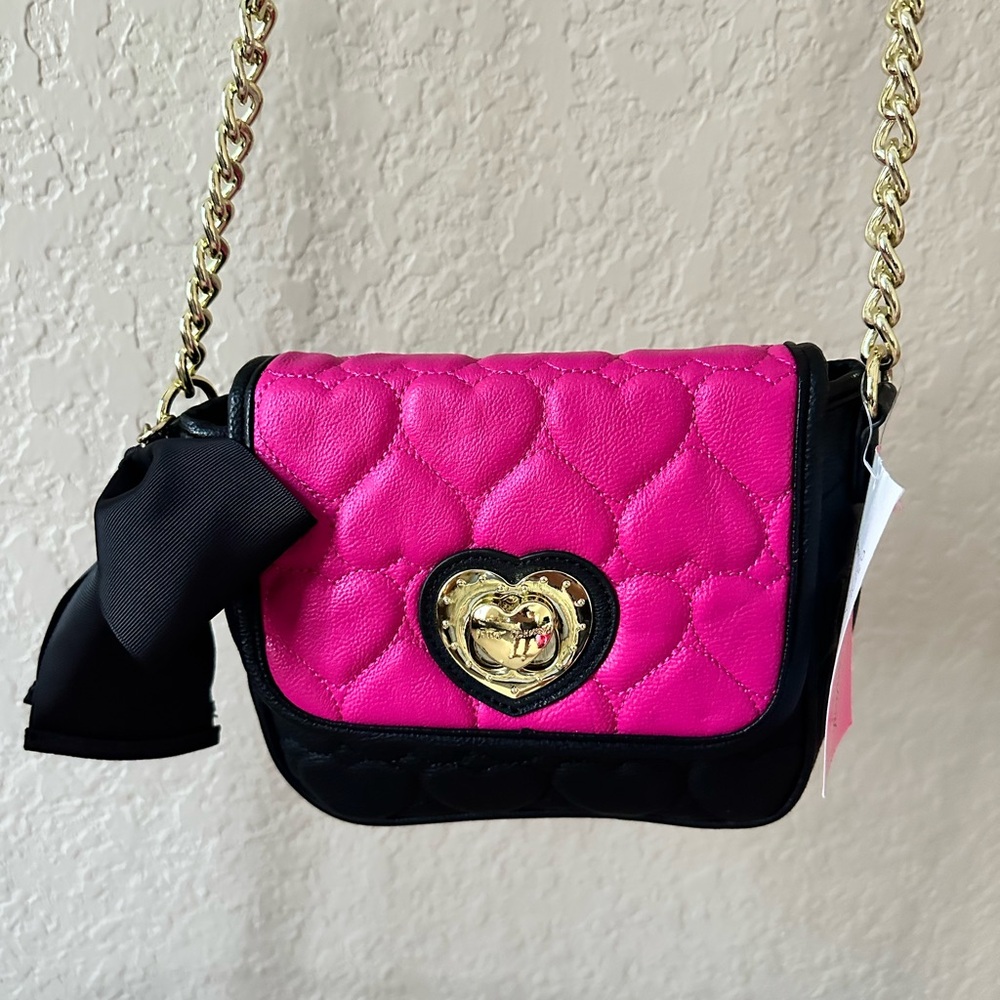 Betsey Johnson Hot Pink Quilted Heart Flap Mini Bag with Black Trim